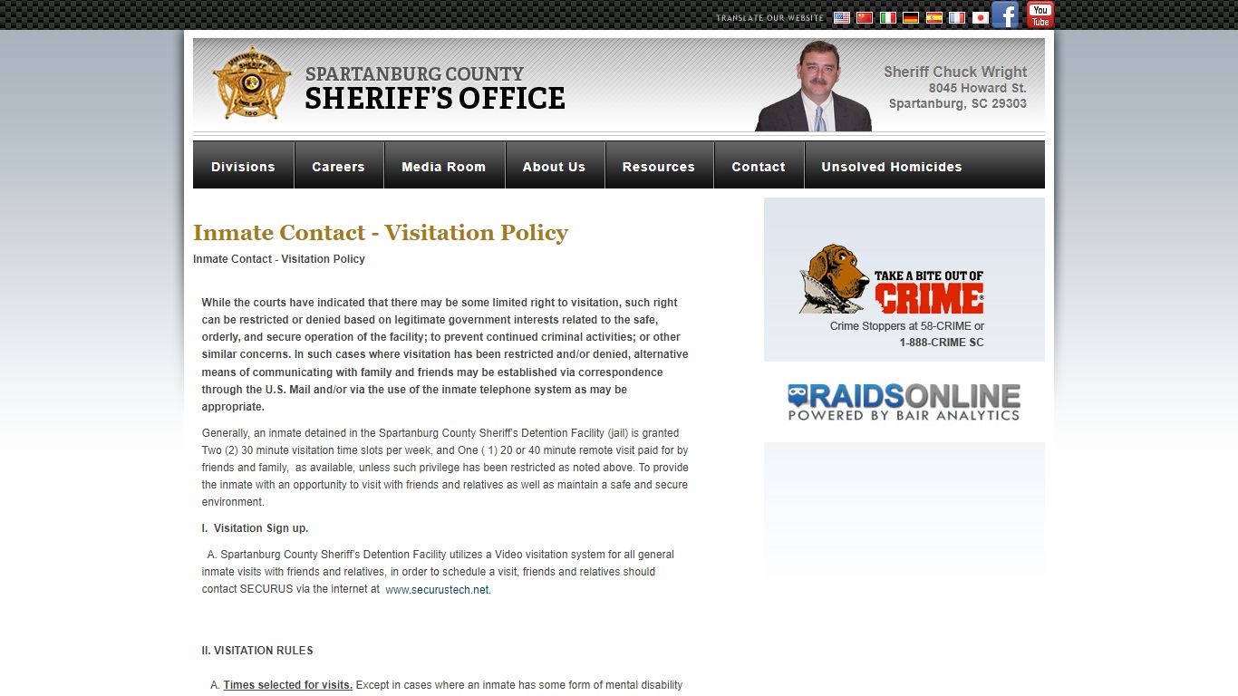 Inmate Contact - Visitation Policy : Spartanburg Sheriff